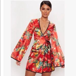 Oriental print kimono wrap dress